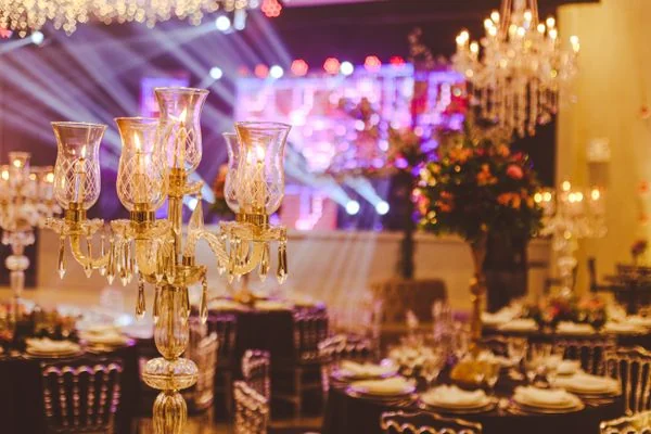 Crystal candelabras and luxurious ballroom decorations
